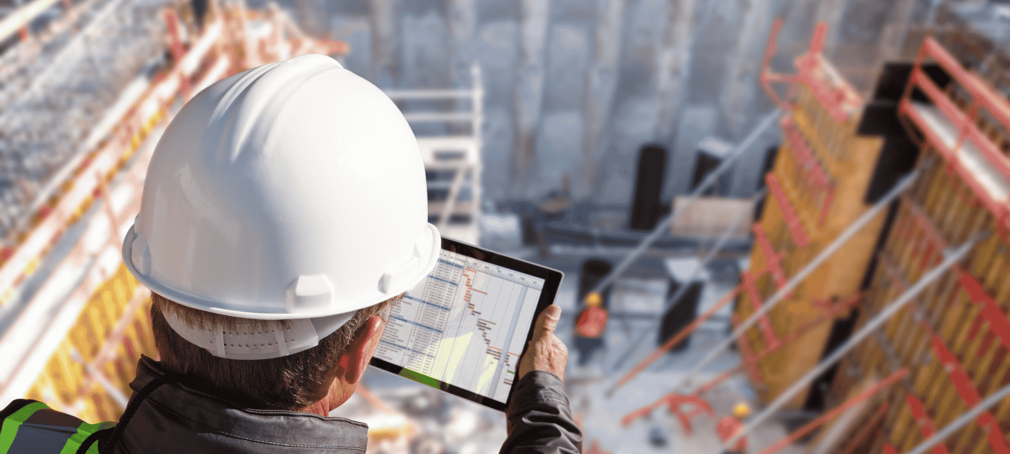 Construction project manager using a tablet on site to monitor progress and coordinate material and service sourcing through Site Connected.