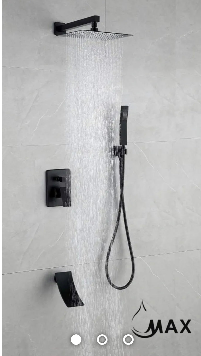 Waterfall Spout Shower System Set Three Functions With pressure balance valve Matte Black.