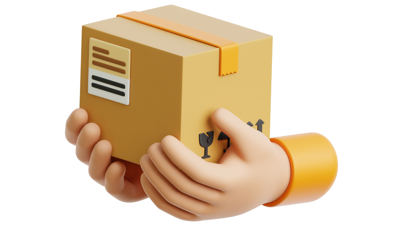 3D illustration of hands holding a package, representing Site Connected’s material sourcing service connecting contractors with reliable construction suppliers