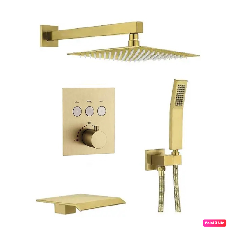 Waterfall Spout Thermostatic Shower System Set Three Function With Pressure Balance valve Brushed Gold