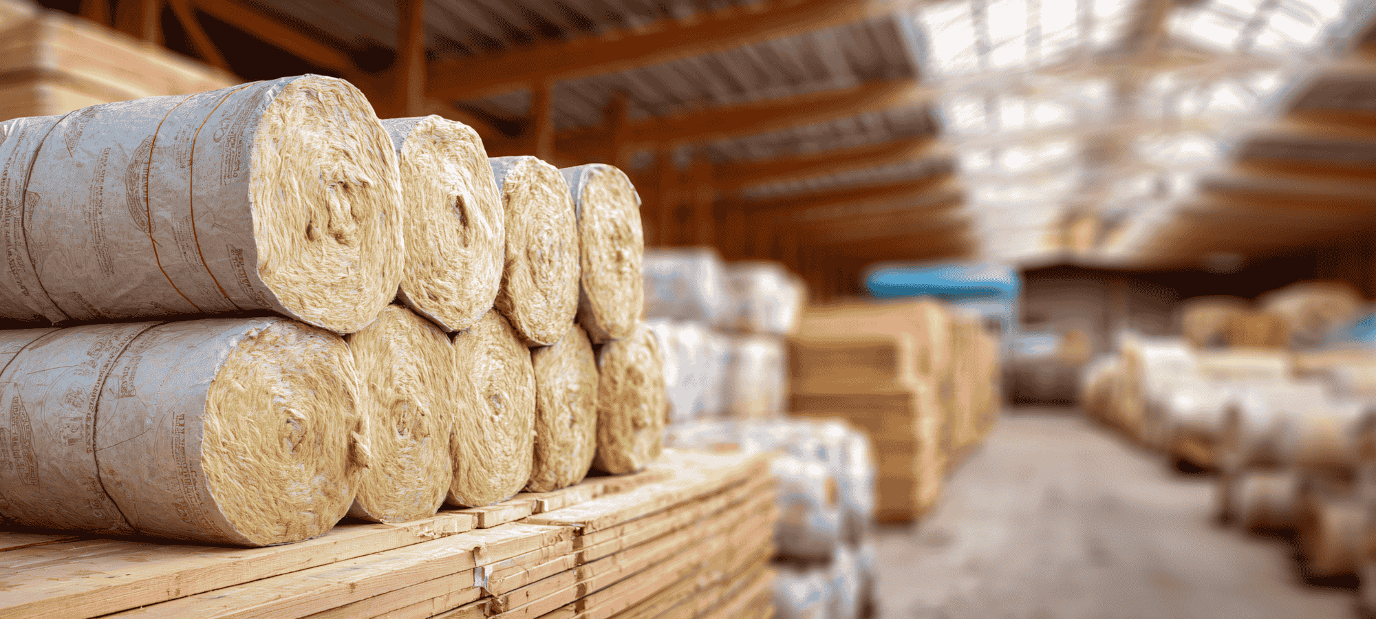 Stacked insulation rolls and building materials in a warehouse, representing Site Connected’s service to sell surplus construction materials and tools.